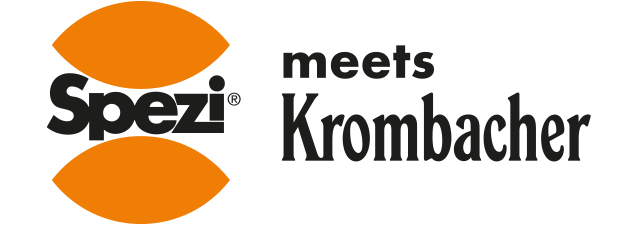 Logo von Spezi mit zwei orangefarbenen Halbkreisen und schwarzem Schriftzug, daneben der Text 'meets Krombacher' in schwarzer Schrift.