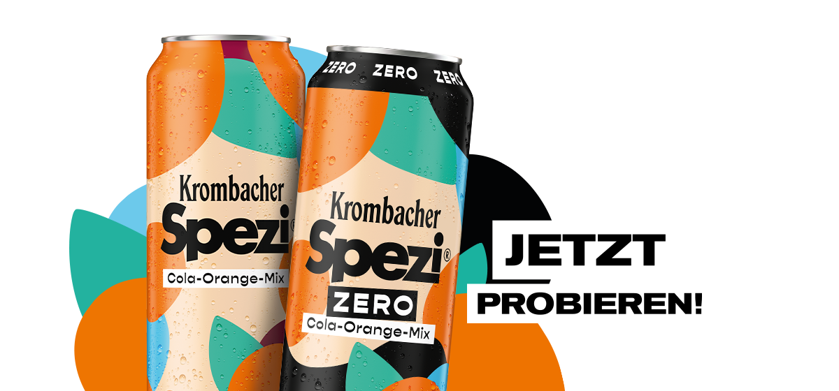 Krombacher Spezi 0,5l Dose und Krombacher Spezi Zero 0,5l Dose mit Text "Jetzt probieren"