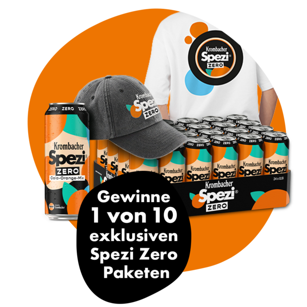 Eine Gruppe junger Leute genießt Krombacher Spezi Zero Getränke auf einem Holzsteg am See, mit Werbung für ein Gewinnspiel von exklusiven Produktpaketen.