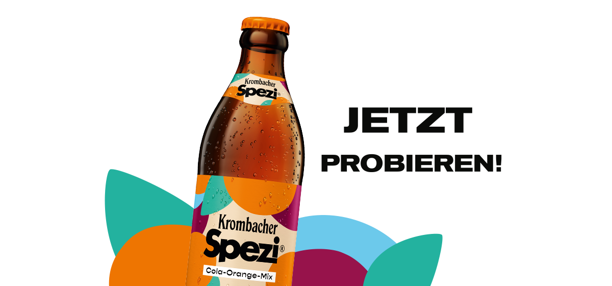 Krombacher Spezi Cola-Orange-Mix Flasche mit buntem Hintergrund und dem Text 'JETZT PROBIEREN!'