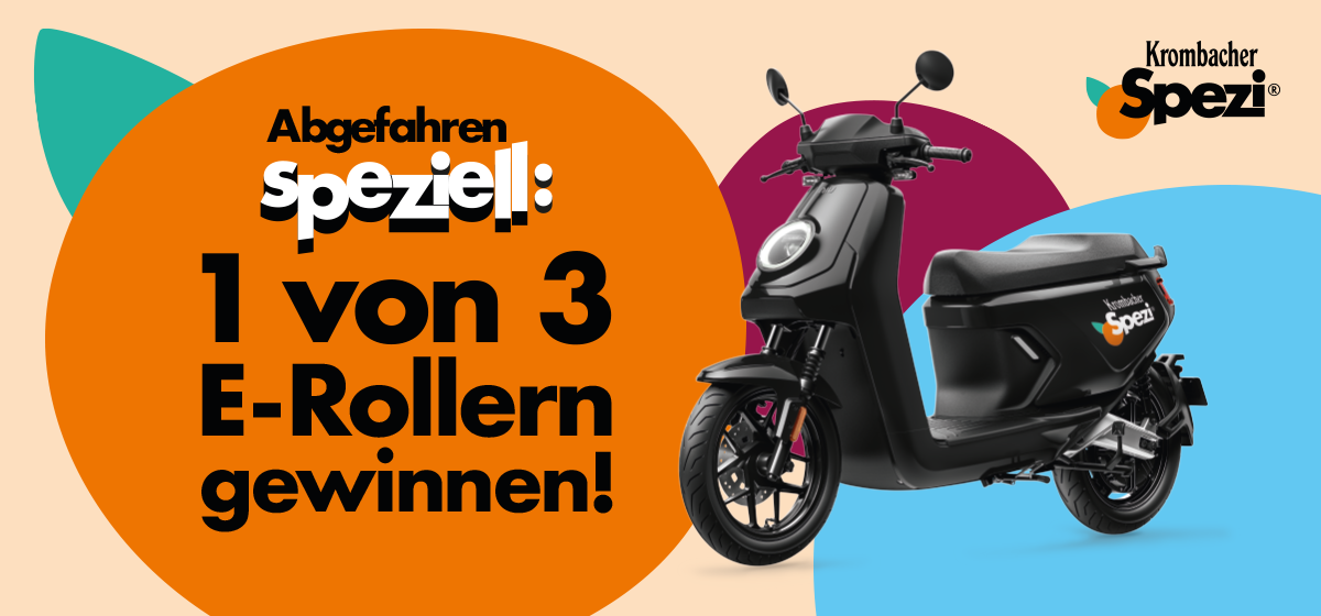 Schwarzer E-Roller mit Krombacher Spezi Logo neben orangefarbenem Kreis mit Text 'Abgefahren Speziell: 1 von 3 E-Rollern gewinnen!'