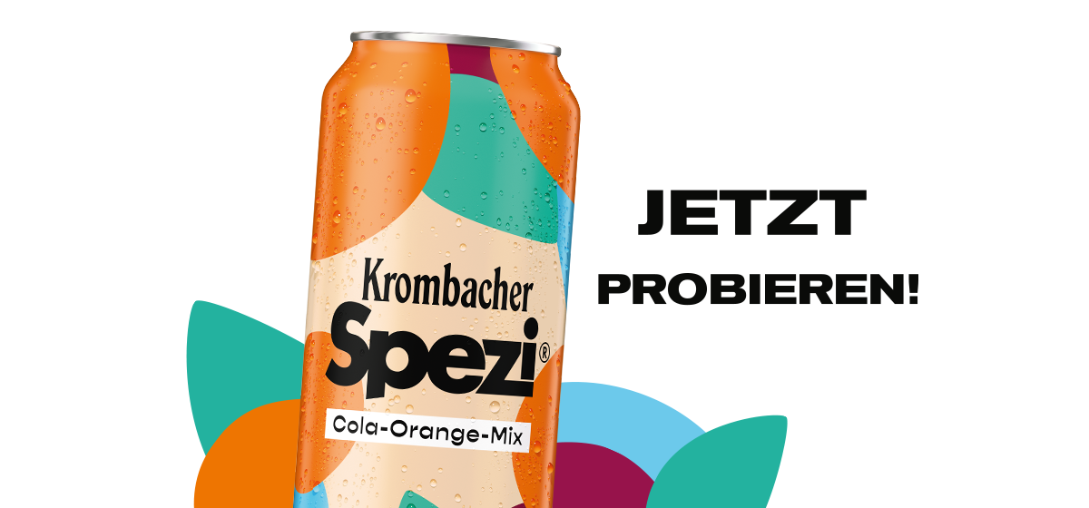 Krombacher Spezi Cola-Orange-Mix Getränkedose mit buntem Hintergrund und dem Text 'JETZT PROBIEREN!'